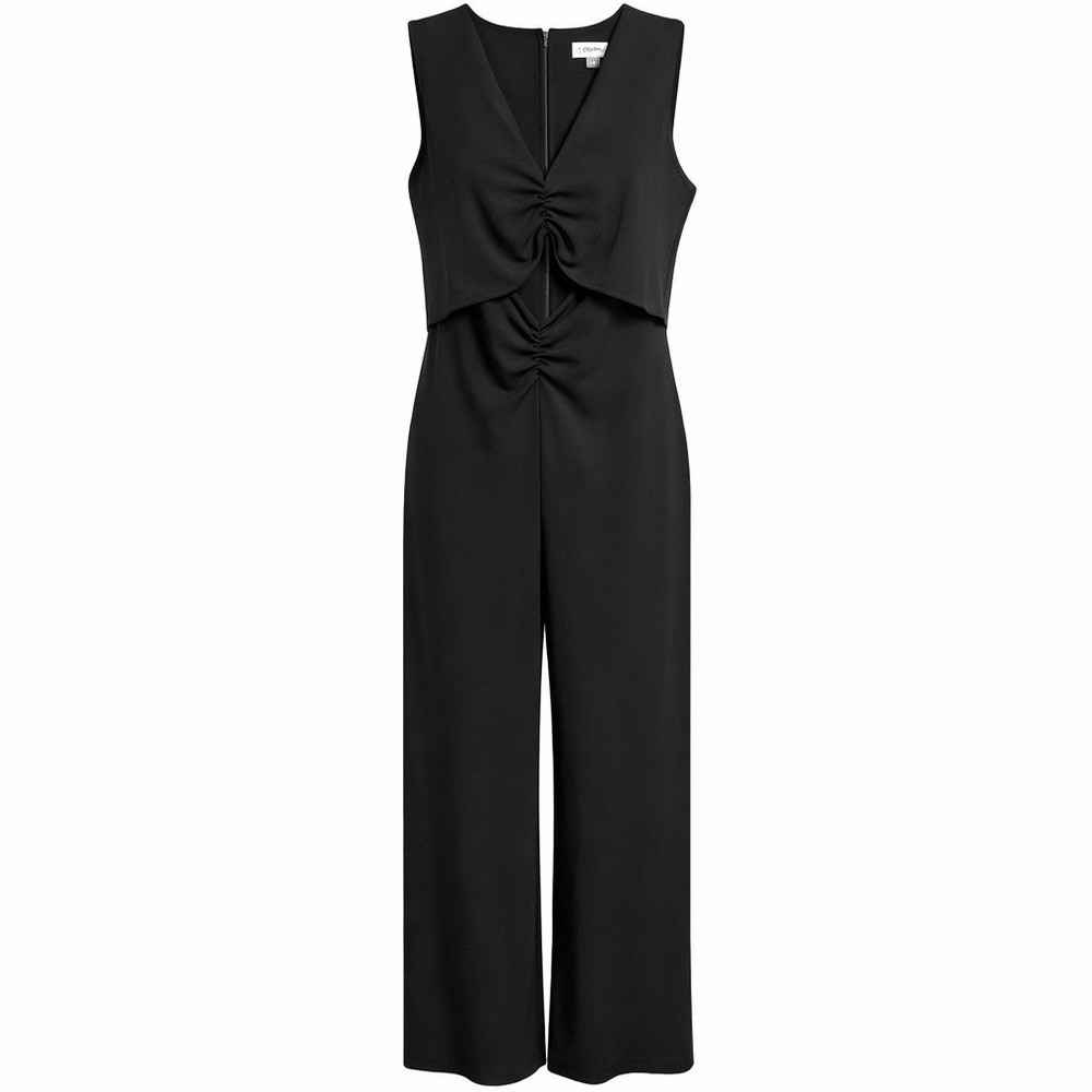 Calvin Klein Black Sleeveless Jumpsuit Size 14 Ruched‎ Keyhole Wide Leg Classic